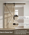 Wooden sliding barn door detailing dimensions with Beefy Heavy Duty Sliding Barn Door Hardware Kit For Ultra Quiet Smooth Operation.