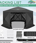 Pop Up Gazebo 15 By 15 Foot Canopy Tent With Sidewalls Screened In For Outdoor Parties And Camping, Easy No Tool Setup, Portable Backyard Shelter, Fits 12 To 15 People, Black, shown with packing list and accessories.