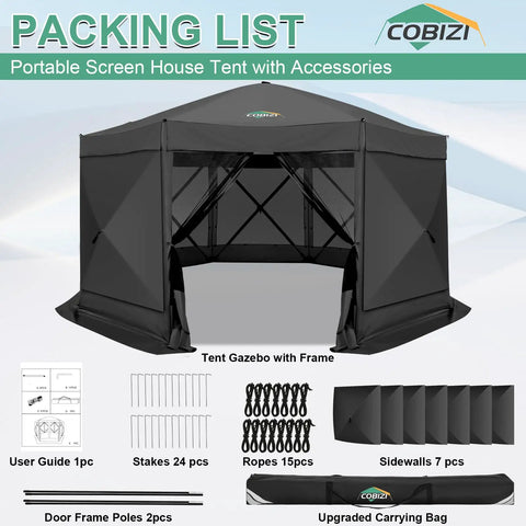 Pop Up Gazebo 15 By 15 Foot Canopy Tent With Sidewalls Screened In For Outdoor Parties And Camping, Easy No Tool Setup, Portable Backyard Shelter, Fits 12 To 15 People, Black, shown with packing list and accessories.