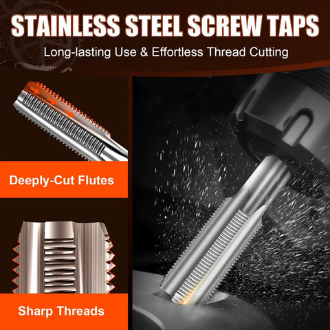 131 Piece Thread Repair Kit With HSS Drill Bits And Stainless Steel Helicoil Inserts showing stainless steel screw taps in action