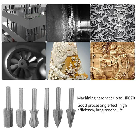 Heavy Duty Tungsten Carbide Burrs Six Pack Built Tough For Wood Carving And Metal Engraving With 6mm Shank on display.