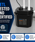 Rugged Under Sink Utility Pump System Offering Dead Simple Basement Drainage With Solid Cast Aluminum Basin And Zero Fuss Worry Free Performance Rated At 2900 GPH Flow Capacity, black pump with pipes.