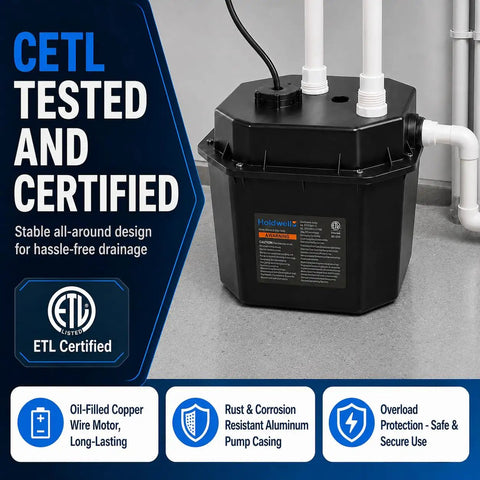 Rugged Under Sink Utility Pump System Offering Dead Simple Basement Drainage With Solid Cast Aluminum Basin And Zero Fuss Worry Free Performance Rated At 2900 GPH Flow Capacity, black pump with pipes.