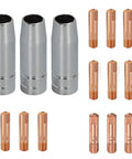 Heavy Duty Lotos Mls15 Mig Consumables Set For Mig225 And Mig225sp Welders includes three silver gas nozzles and copper contact tips.