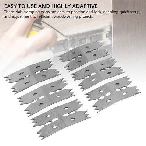 Top Notch Stainless Steel Fastening Plate Clamp Set For Woodworking Pros Ensuring Rock Solid Hold On Boards During Carving CNC Projects And Heavy Duty Carpentry With Razor Sharp Teeth For Maximum Grip And Reliability, showing six stainless steel clamping dogs.