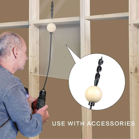 YY-LC flexible drill bit for wire pulling with wooden guide ball; front view of user using it to pull wires through walls