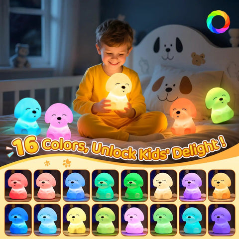 Child holding Cute Puppy Night Light For Kids With 16 Colors And Dual Brightness Levels, surrounded by glowing lamps in bedroom.