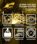 Dual Voltage Plasma Cutter 60 Amp Kit For Home Or Shop With Pilot Arc Torch, 110V And 220V, Clean Cuts Up To Seven Eighths Inch, Pro Grade Complete Kit Included with usage icons