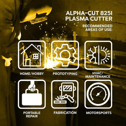 Dual Voltage Plasma Cutter 60 Amp Kit For Home Or Shop With Pilot Arc Torch, 110V And 220V, Clean Cuts Up To Seven Eighths Inch, Pro Grade Complete Kit Included with usage icons