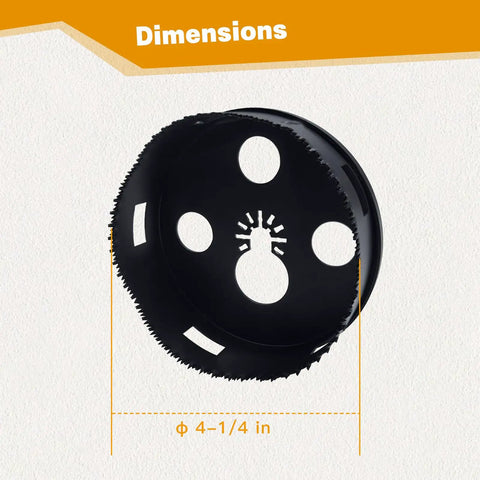 Heavy Duty Multi Tool Hole Saw Blade Kit With Fast Swap Mount For Butter Smooth Cuts In Wood Metal And Drywall No Sweat Assembly Pro Grade Carbide Steel Cuts Through Hard Materials Like A Hot Knife, 4-1/4 inch blade dimensions.
