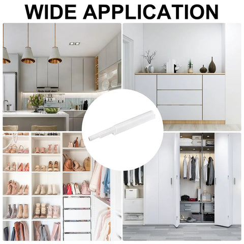 Smooth As Butter Magnetic Touch Catch Latch With Built In Damper Buffer For Cabinet Doors And Cupboards White Hardware shown in kitchen and wardrobe settings.