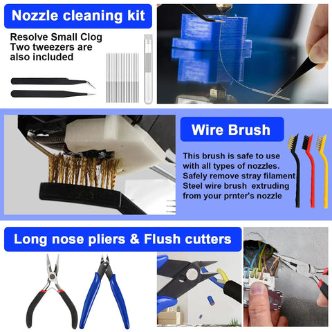 135-piece 3D printer tools kit with toolbox, nozzle cleaning kit, sanding pens, deburring tools, long-nose pliers