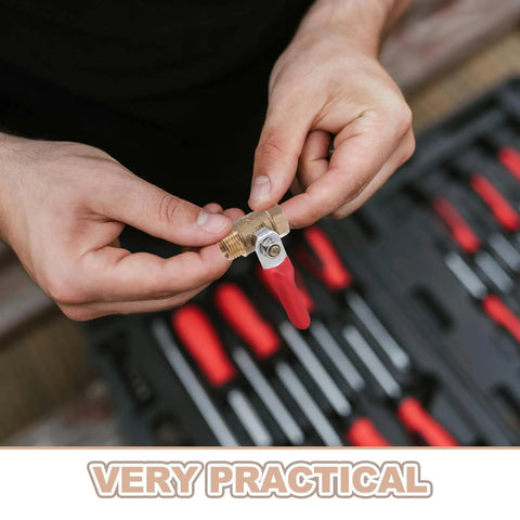 Hands holding a brass ball valve with red lever, part of 6 Pack Copper Ball Valves With Male Female Threaded Adapters Quick Connect Shutoff Valve Lever Handle For Water Heater And Garden Hose Rock Solid Drip Free Flow Control Corrosion Resistant Build.