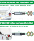 Upgraded Whirlpool Dryer Repair Kit With Hella Durable 4392067 Parts And Wpw10314173 Drum Rollers showing front and rear drum support roller shafts.