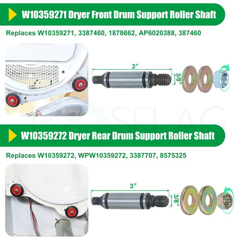 Upgraded Whirlpool Dryer Repair Kit With Hella Durable 4392067 Parts And Wpw10314173 Drum Rollers showing front and rear drum support roller shafts.