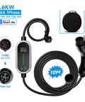 Hassle Free Portable Smart EV Charger With App Control 3.6 Kw 16 Amp Type 2 To Type 1 Hook Up for Garage shown with 10m cable and plug.