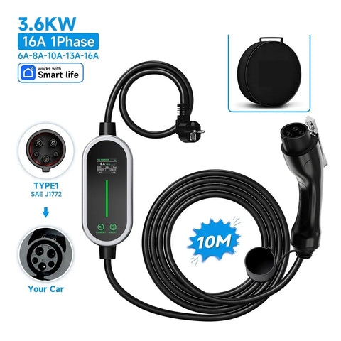 Hassle Free Portable Smart EV Charger With App Control 3.6 Kw 16 Amp Type 2 To Type 1 Hook Up for Garage shown with 10m cable and plug.