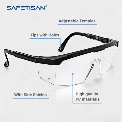 Tough As Nails Clear Safety Glasses Heavy Duty Bulk Pack Featuring Adjustable Temples And Side Shields Ansi Z87 Rated Impact Proof Protective Eyewear for job site with side shields and adjustable temples.