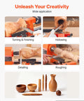 VEVOR Mini Benchtop Wood Lathe, 1/3 HP 8 X 13 Inch, Variable Speed 150 To 3200 RPM Woodturning Machine with various turned wood items.