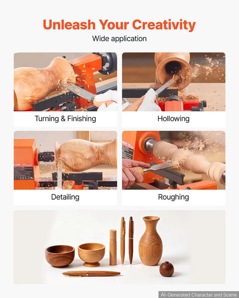 VEVOR Mini Benchtop Wood Lathe, 1/3 HP 8 X 13 Inch, Variable Speed 150 To 3200 RPM Woodturning Machine with various turned wood items.