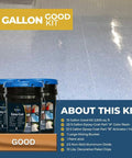 Top Shelf 15 Gallon Epoxy Floor Coating Kit Black Base With Canyon Brown And Ivory Flakes Covers 2500 Square Feet displayed with mixing tools