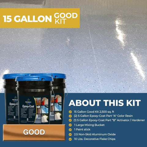Top Shelf 15 Gallon Epoxy Floor Coating Kit Black Base With Canyon Brown And Ivory Flakes Covers 2500 Square Feet displayed with mixing tools