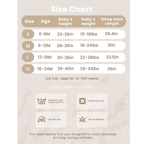 Size chart and care instructions for Cozy Muslin Baby Sleep Sack 6 to 12 Months 0.8 TOG Two Pack Wearable Cotton Blanket
