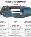 Heavy Duty Electric Strapping Machine For One Half To Five Eighths Inch Pp Pet Strap Battery Powered Automatic Hot Melt Bender Cutter showing product dimensions and details.