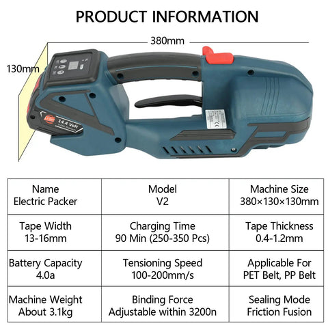 Heavy Duty Electric Strapping Machine For One Half To Five Eighths Inch Pp Pet Strap Battery Powered Automatic Hot Melt Bender Cutter showing product dimensions and details.