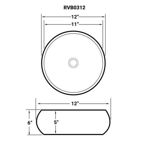 Diagram of Top Mount 12 Inch Round White Vessel Sink For Bathroom Vanity, Durable Solid Porcelain Ceramic Construction, Above Counter Installation, No Mounting Ring Needed, Glazed Non-Porous Finish For Easy Cleaning with dimensions.