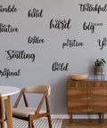 12 Piece Inspirational Wall Decals Set With Peel And Stick Vinyl Quotes Removable Motivational Sayings For Office Nursery Classroom Dorm Teens Black Matte Finish displayed in a living room.