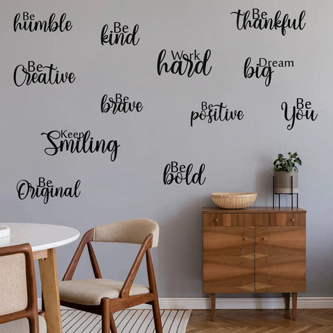 12 Piece Inspirational Wall Decals Set With Peel And Stick Vinyl Quotes Removable Motivational Sayings For Office Nursery Classroom Dorm Teens Black Matte Finish displayed in a living room.