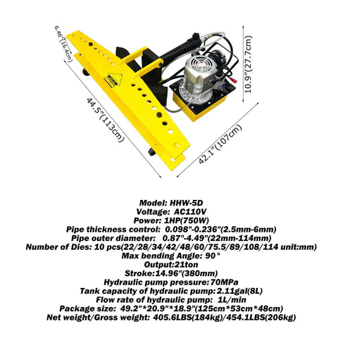 Beast Mode 21 Ton Electric Hydraulic Pipe Bender With Ten Steel Dies For Seven Eighths Through Four Inch Round Tubing Ninety Degree Bend Heavy Duty Garage Workhorse 110V with yellow base and hydraulic components.