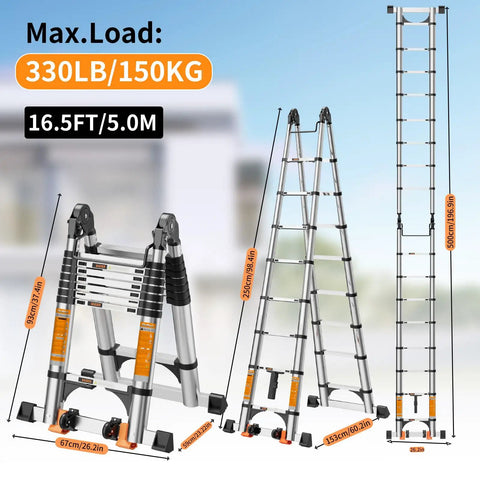 Pro Grade Telescoping A Frame Ladder 16.5 Foot With Dual Locks And Triangular Stabilizers, ANSI EN131 Safety Certified, 330 lbs Capacity, Wide Anti Slip Rungs, Reinforced Feet For Rock Solid Stability On Every Step, 16.5 ft