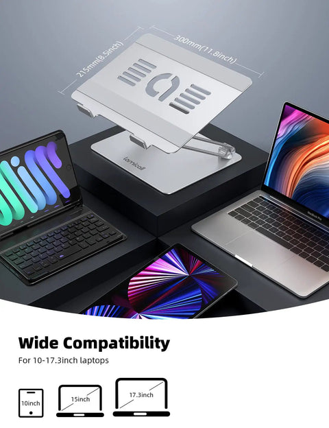 Go To Adjustable Aluminum Laptop Stand For Desk showcasing wide compatibility with 10 to 17.3 inch laptops including MacBook models.