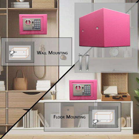 Deluxe Digital Security Safe Box With Keypad Lock for wall or floor mounting, pink, shown in home office storage setting.