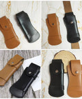 PU Leather Knife Cover Sheath for Chef Knives, Wear Resistant Guard, in Brown and Black, on Marble and Wood Backgrounds