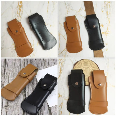 PU Leather Knife Cover Sheath for Chef Knives, Wear Resistant Guard, in Brown and Black, on Marble and Wood Backgrounds