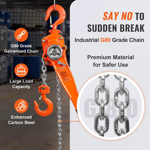 VEVOR 1-1/2 ton manual lever chain hoist, orange with galvanized G80 chain and 360° swivel hook