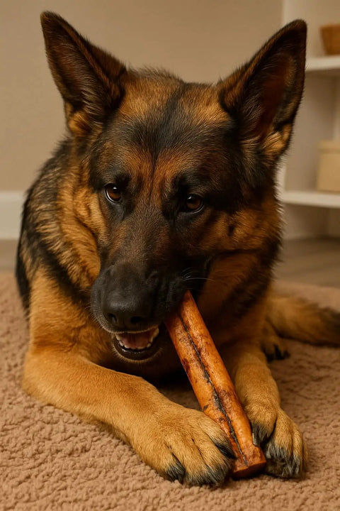 German Shepherd chewing All American Beefhide Rolls For Dogs Chew Treats Made In USA Beef Flavor 8 Inch Thick Rolls 15 Count Pack