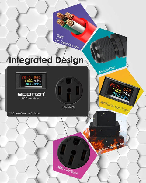 Heavy Duty 50A AC Power Meter With Nema 14 50P To 14 50R Outlet Monitor showing integrated design, digital display, and waterproof plug.