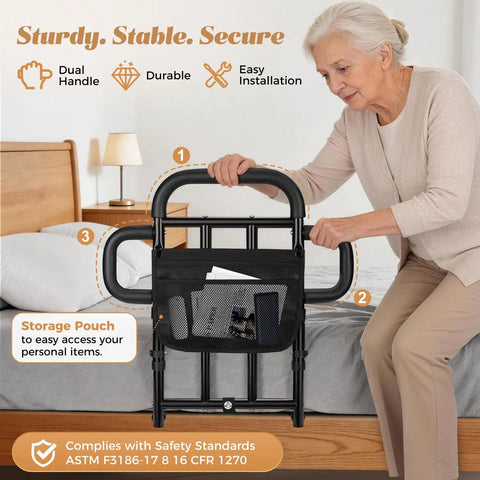 Heavy Duty Bed Rail With Dual Grab Bars For Elderly Adults 400 Lbs Capacity Adjustable Height with storage on king bed