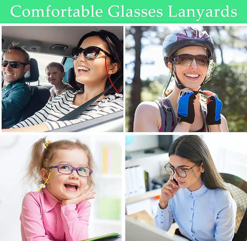 Five Pack Eyeglass Straps Lanyards For Glasses And Sunglasses Anti Slip Adjustable Retainers For Men And Women Everyday Sports Eyewear Holders 27.2 Inch Length 0.4 Inch Wide Colorful Yellow Sky Blue Green Red Black in use for various activities