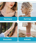 Woman wearing necklace, earrings, bracelets, and anklets in different settings.