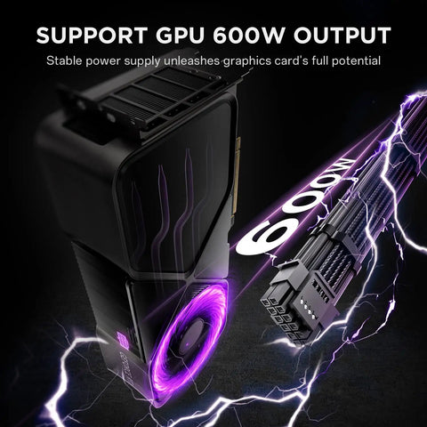 12VHPWR PCIe 5.0 PSU Extension Cable Kit for RTX 50 and 40 Series GPUs, showing 600W output with power cables and GPU.