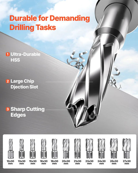 VEVOR magnetic drill press with 11-piece drill bit set, front view cutting into a metal plate