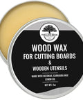 Food Grade Beeswax Wood Polish For Cutting Boards And Butcher Blocks in a 2oz metal tin with black label.