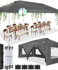 10x20 Pop Up Canopy Tent With One Push Easy Up Frame, 6 Removable Sidewalls, Built In Air Vent, Waterproof UV50 Plus, Commercial Grade Canopy, Includes 4 Sandbags, Stakes And Ropes For Parties Weddings Backyard Bash Gray viewed with setup and accessories
