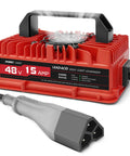 15 Amp Golf Cart Charger For 48 Volt EZGO RXV TXT With 3 Pin Triangular Plug displayed with lead acid battery charger