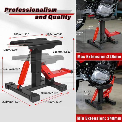 Beefy 1000 Lbs Hydraulic Dirt Bike Lift Stand With Removable Tool Tray, Adjustable Height Hoist Table, shown in max and min extensions.